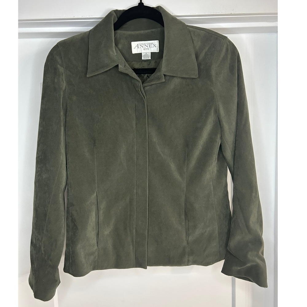 Casual Corner Annex Petite Olive Green Faux Suede Snap Front Vintage Jacket 4P
